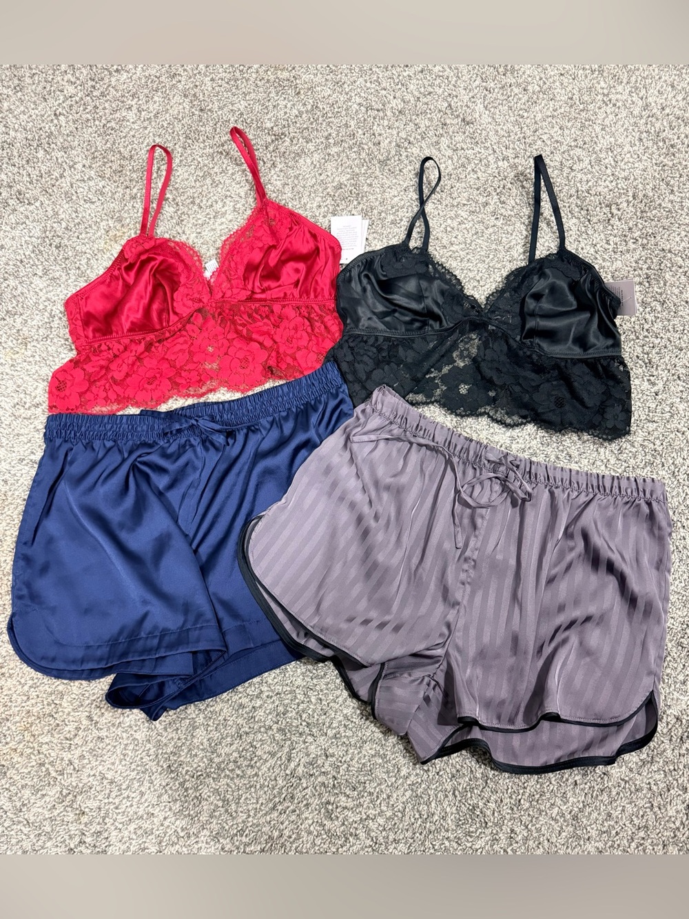Lot of 4 Satin&Lace Bralettes + Satin Shorts-Burgundy, Black, Navy, Periwinkle